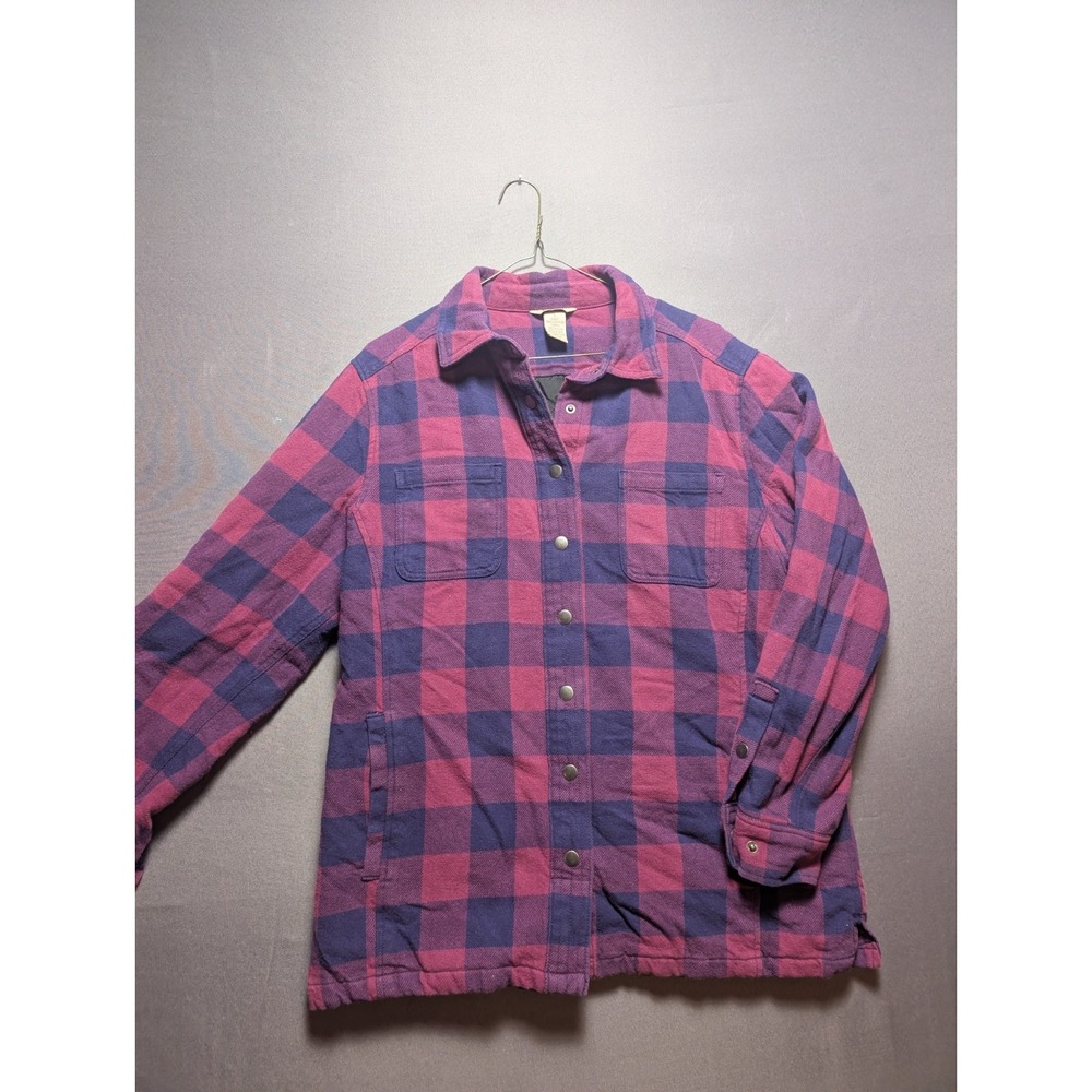 Duluth Shacket Womens L Purple Pink Plaid Cotton Flannel Quilt Lined Insulated